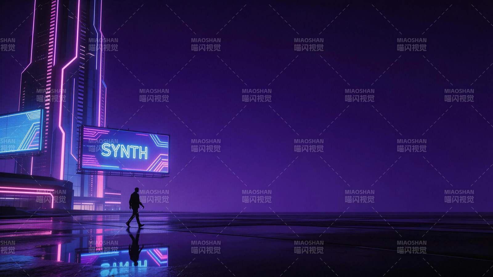 霓虹灯光下的未来城市夜景行人剪影图片