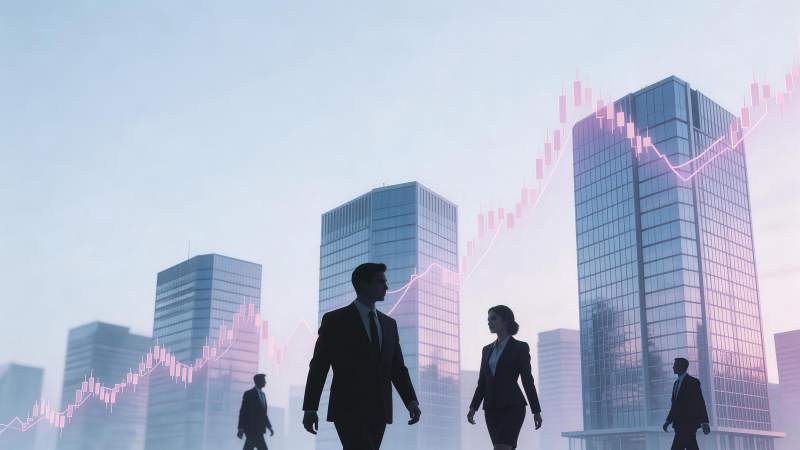 商务人士行走于城市高楼与股市曲线背景中图片