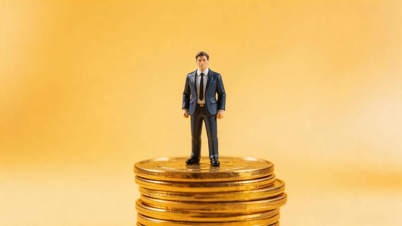 西装小人模型站立在金币堆顶部图片