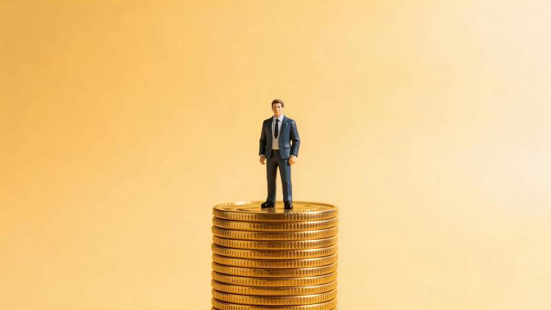 微型西装男子站立在金币堆顶端图片