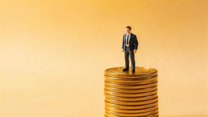 微型西装男子站立在金币堆顶端图片