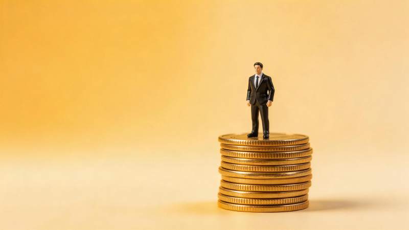 微型西装男子站立在金币堆顶端图片