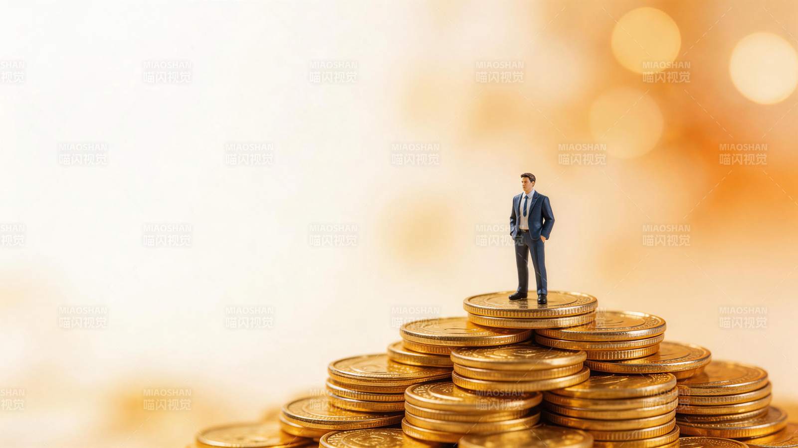 微型商人模型站立在金币堆顶端图片