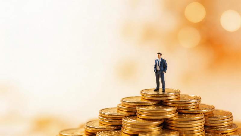 微型商人模型站立在金币堆顶端图片