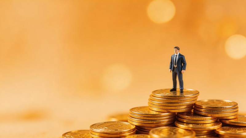 微型商人模型站立在金币堆顶端图片