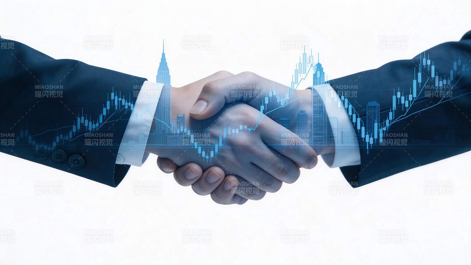 商务人士握手叠加金融图表与城市天际线背景图片