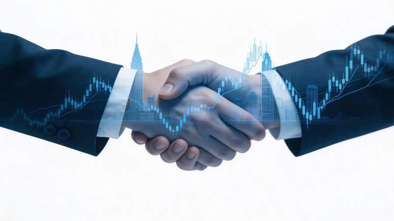 商务人士握手叠加金融图表与城市天际线背景图片
