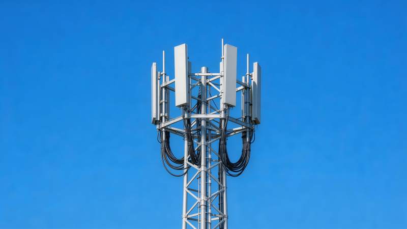 通信基站天线阵列与金属塔架结构特写图片