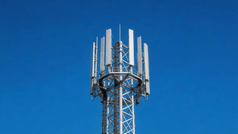 通信基站天线阵列在晴朗蓝天背景下图片