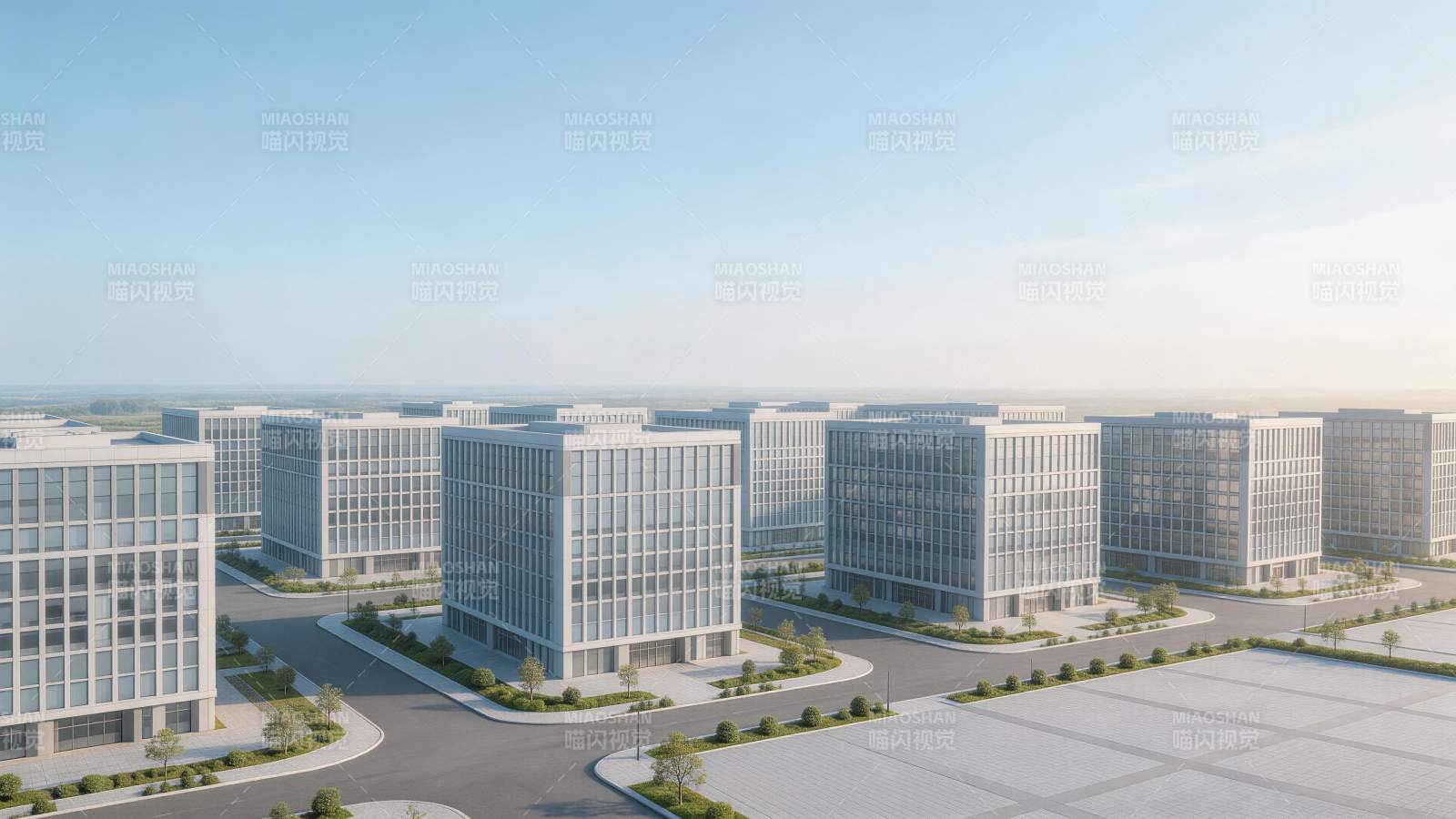 现代园区多栋玻璃幕墙办公楼群鸟瞰图图片