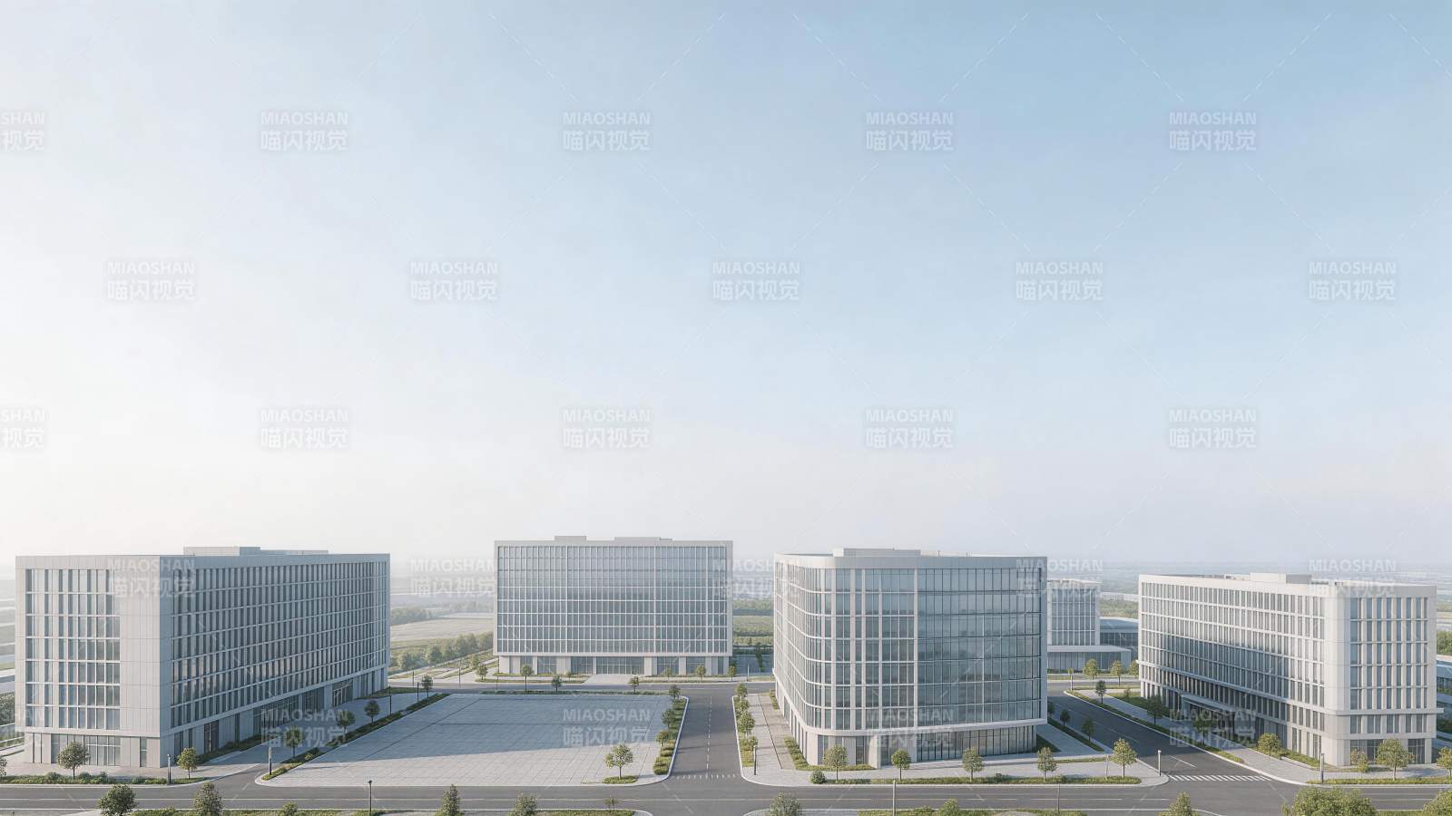 现代风格多栋玻璃幕墙办公楼群外观图片