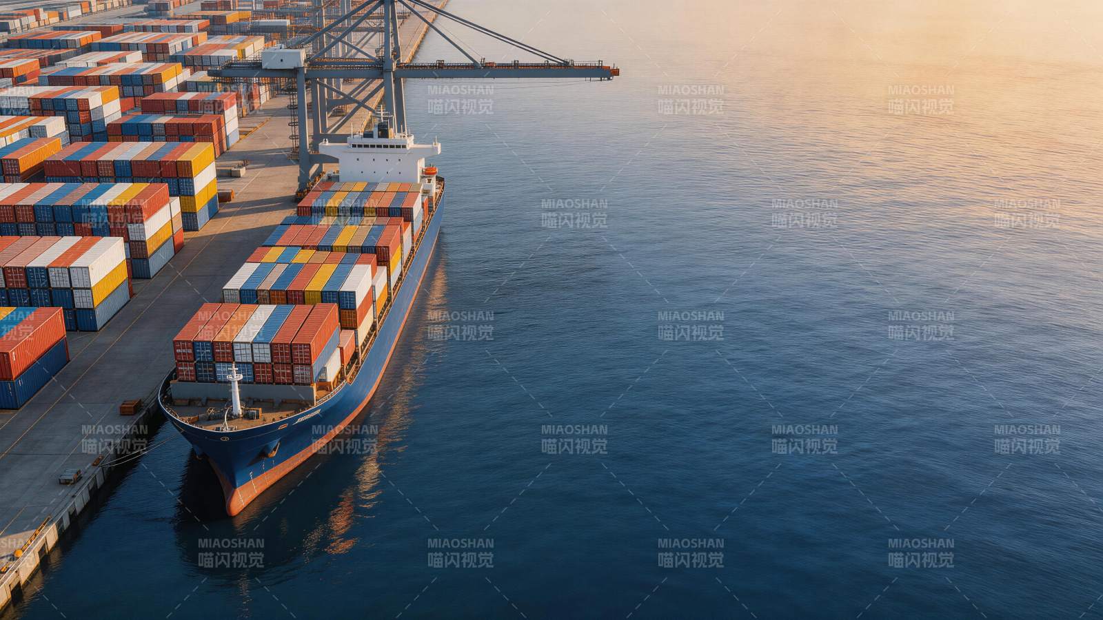 大型集装箱货轮停靠港口装卸作业场景图片