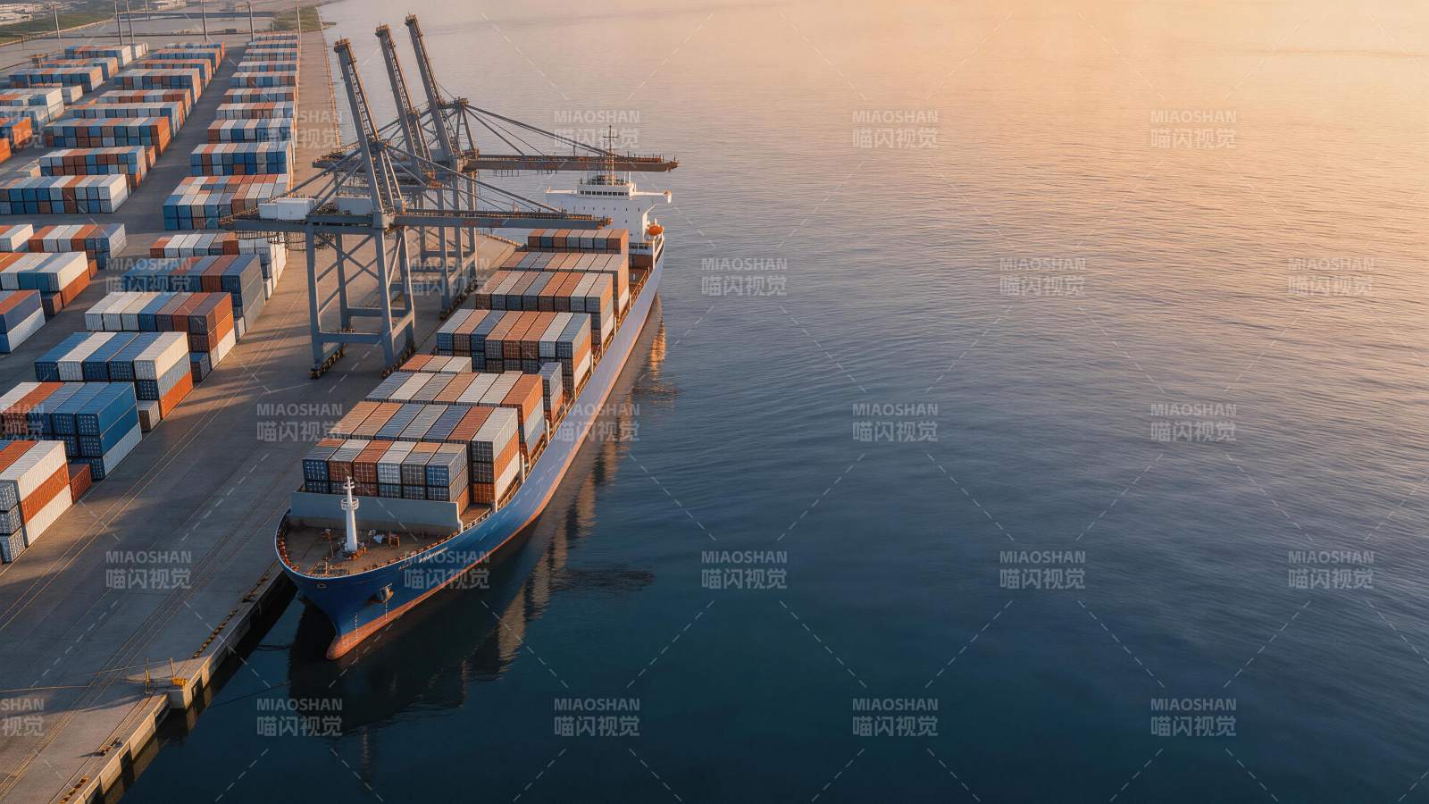 大型集装箱货轮停靠港口装卸作业场景图片