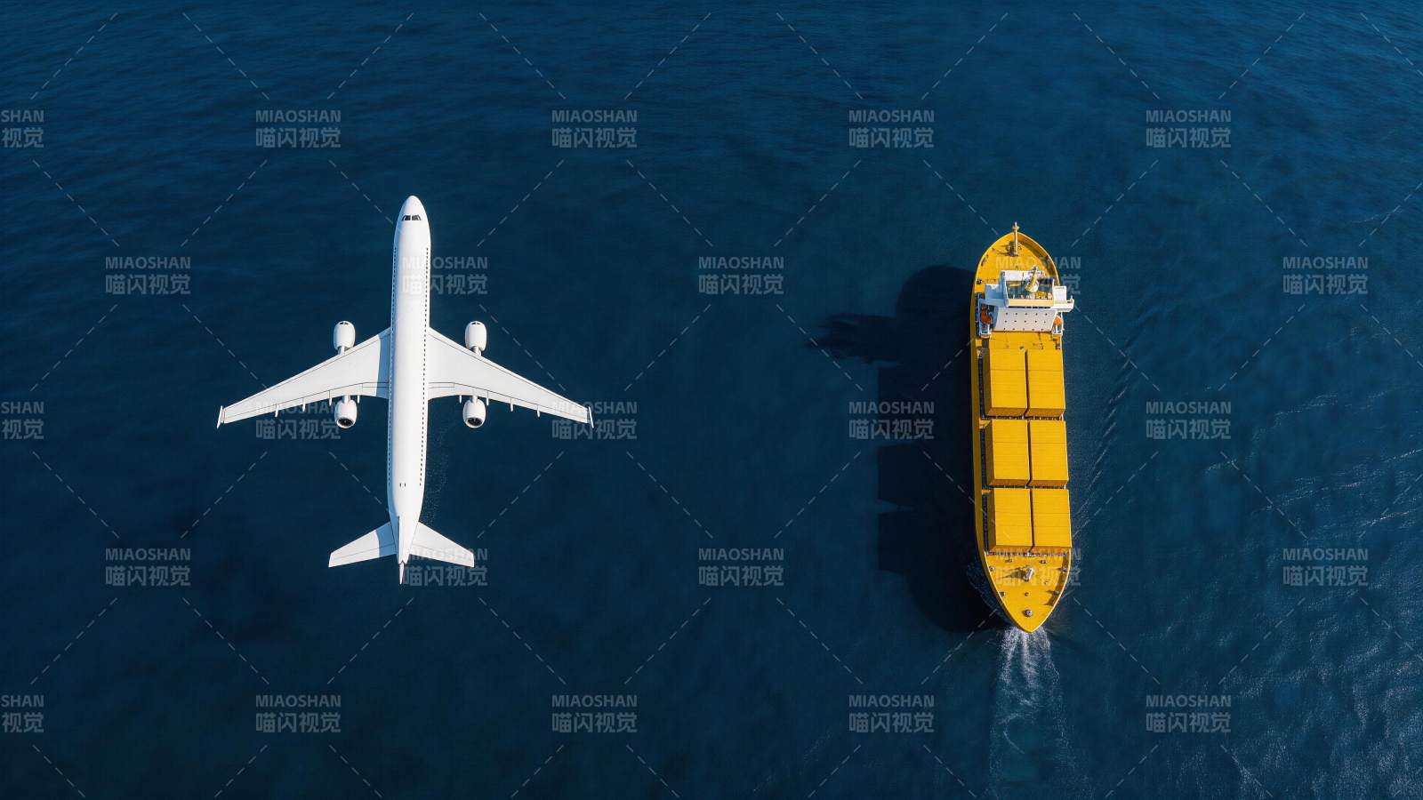 白色客机与黄色货轮在深蓝海面并行航行图片