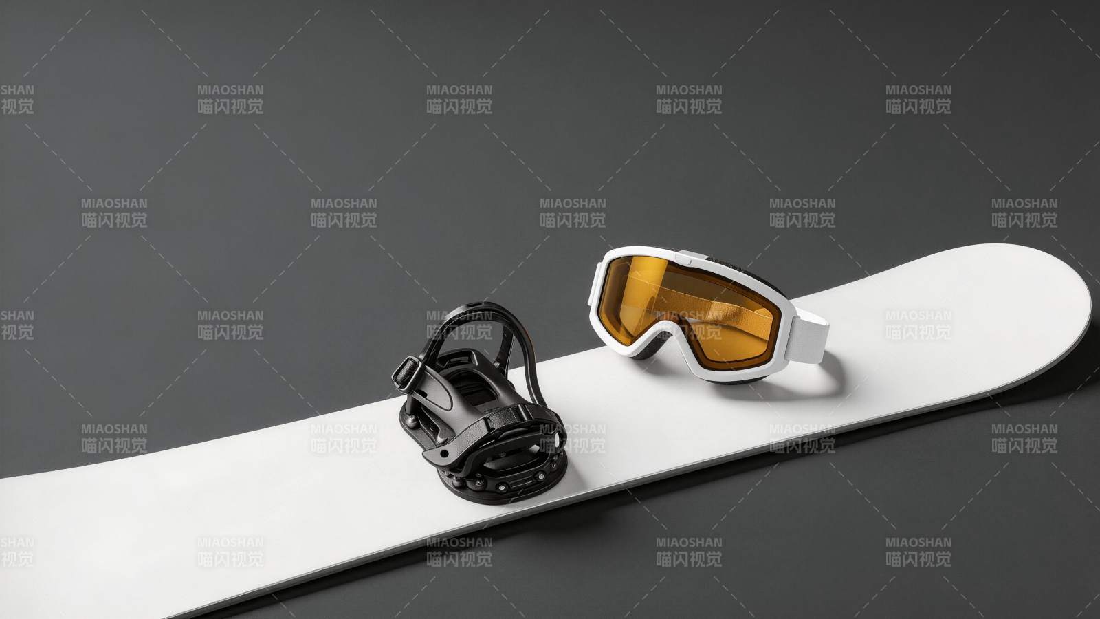 白色单板滑雪板配黑色固定器与护目镜图片