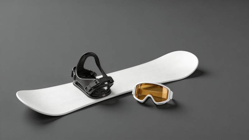 白色单板滑雪板配黑色固定器与护目镜图片