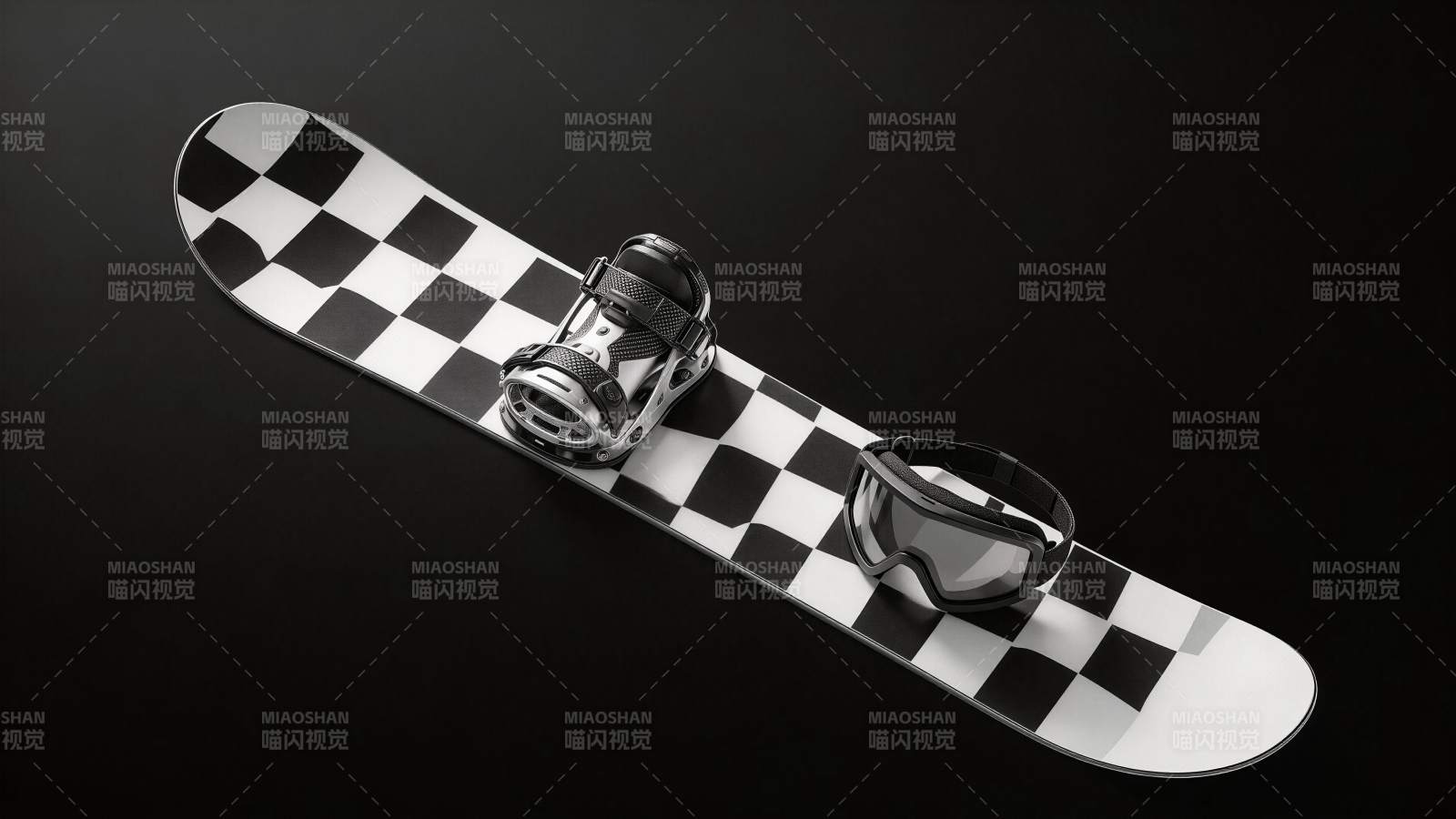 黑白棋盘格单板滑雪板与护目镜特写图片