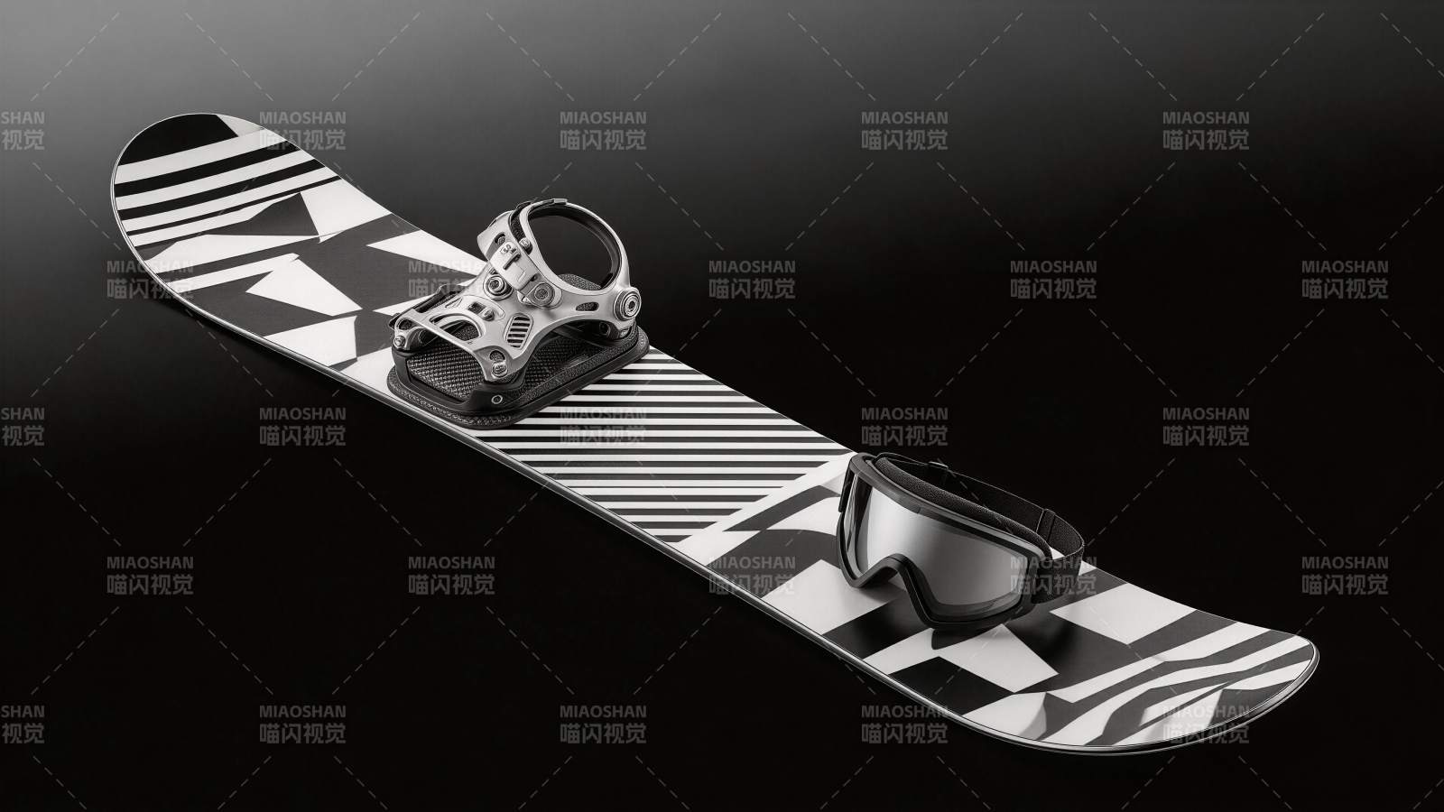 黑白几何图案单板滑雪板与护目镜组合展示图片