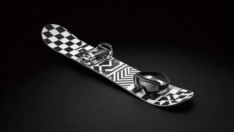 黑白棋盘格图案单板滑雪板与护目镜特写图片