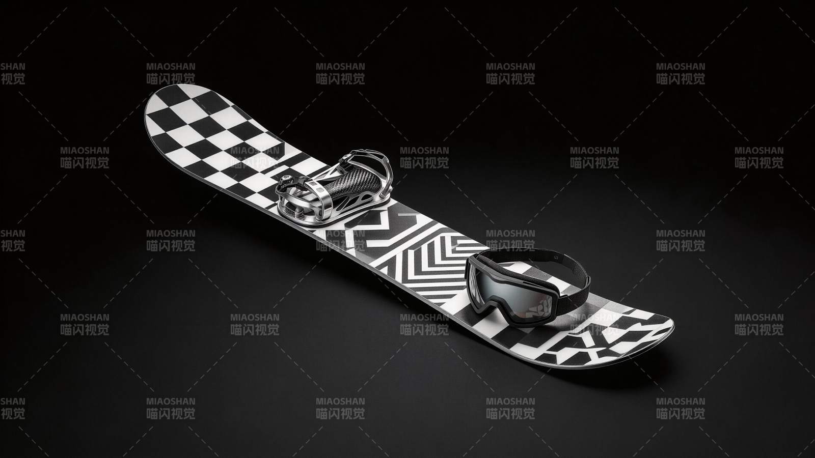 黑白棋盘格图案单板滑雪板与护目镜特写图片