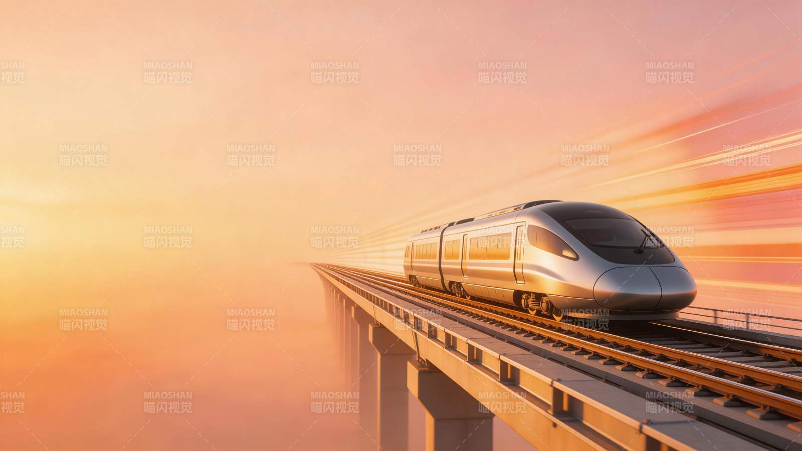 高速列车行驶在云雾缭绕的高架桥上图片