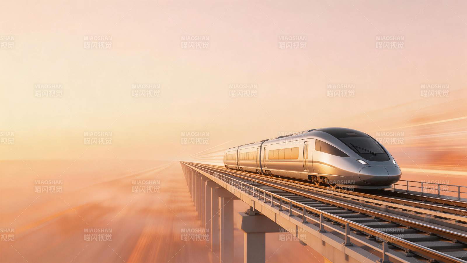 高速列车在高架桥上疾驰穿行于晨曦之中图片