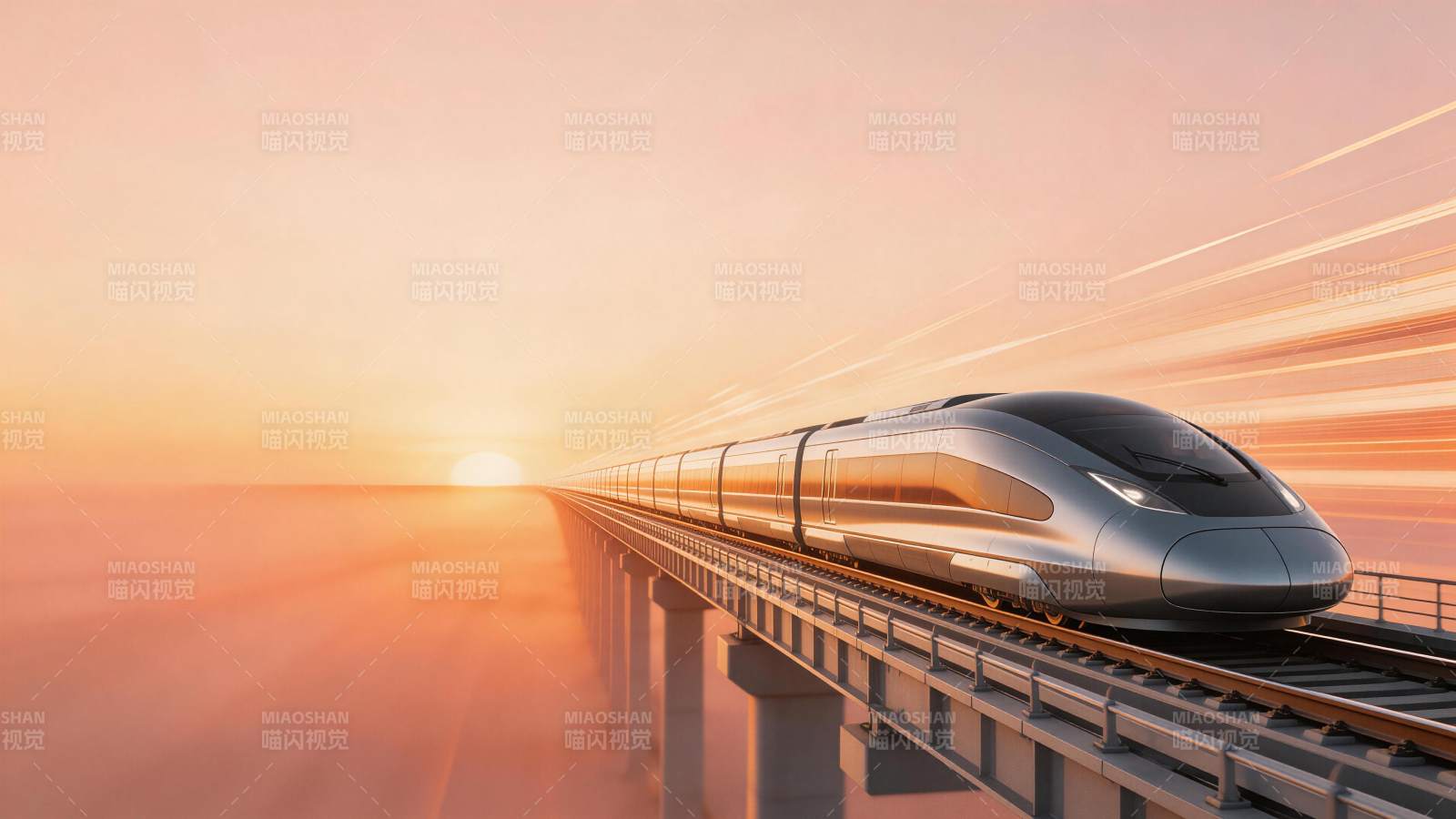 高速列车在云海高架桥上疾驰穿行图片