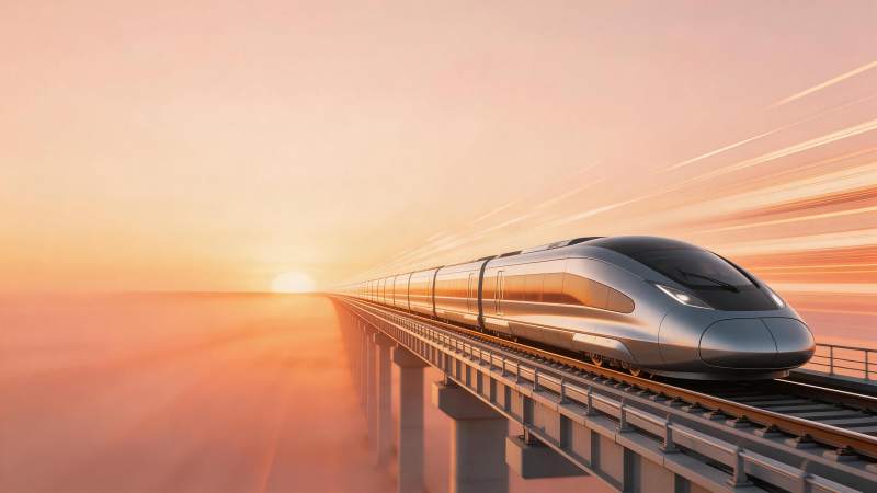 高速列车在云海高架桥上疾驰穿行图片