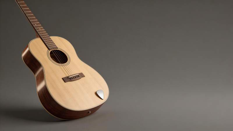 木质原声吉他斜置灰色背景特写图片