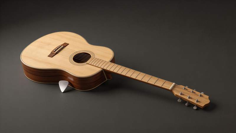 木质原声吉他静置深灰背景上展示细节图片