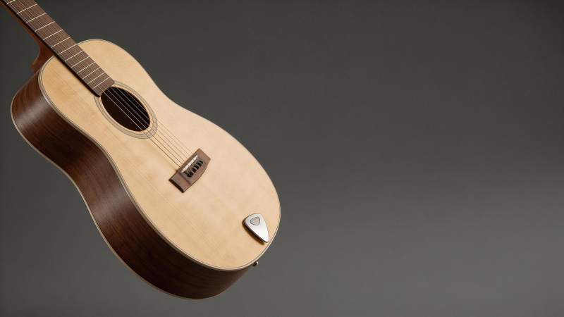 原木色民谣吉他特写展示细节结构图片