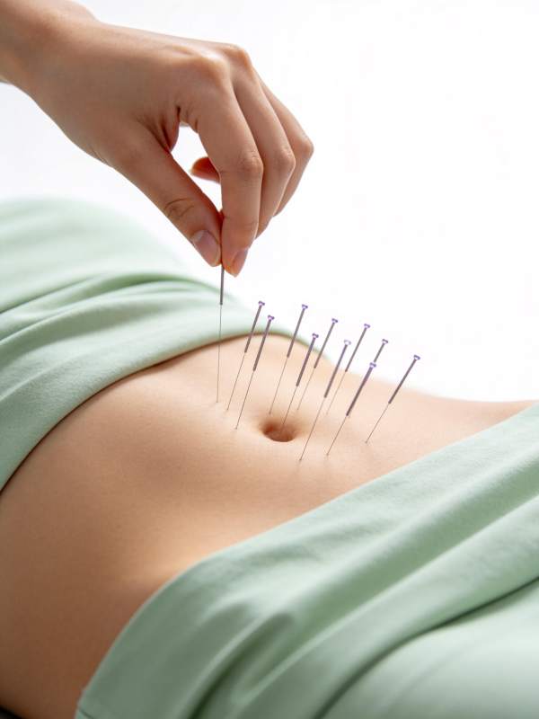 腹部针灸治疗场景手部操作特写图片