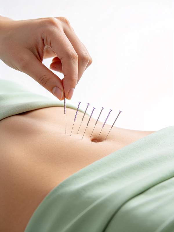 腹部针灸治疗场景手部持针操作特写图片