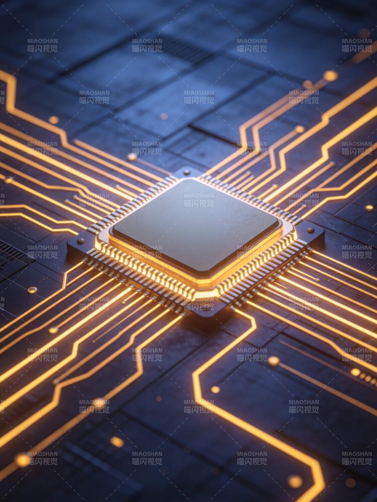 发光集成电路芯片与金色线路板特写图片