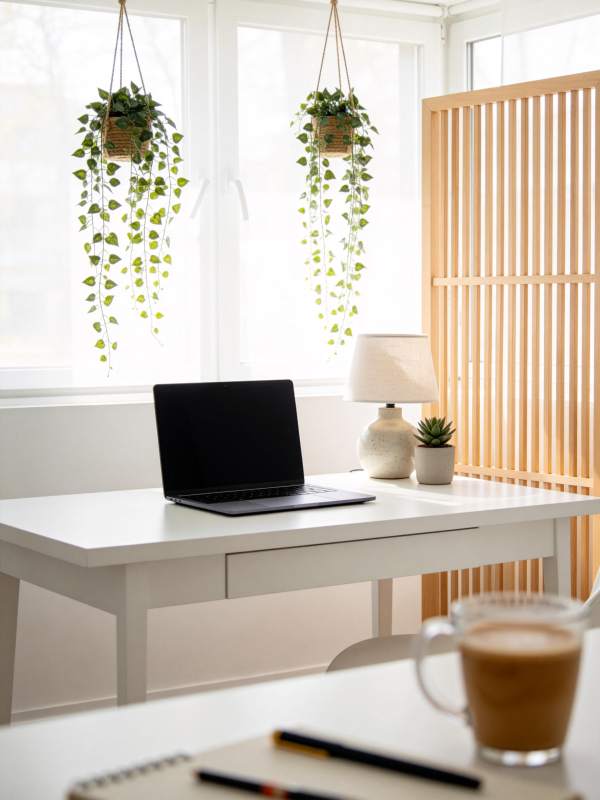 白色书桌摆放笔记本电脑绿植与咖啡杯图片