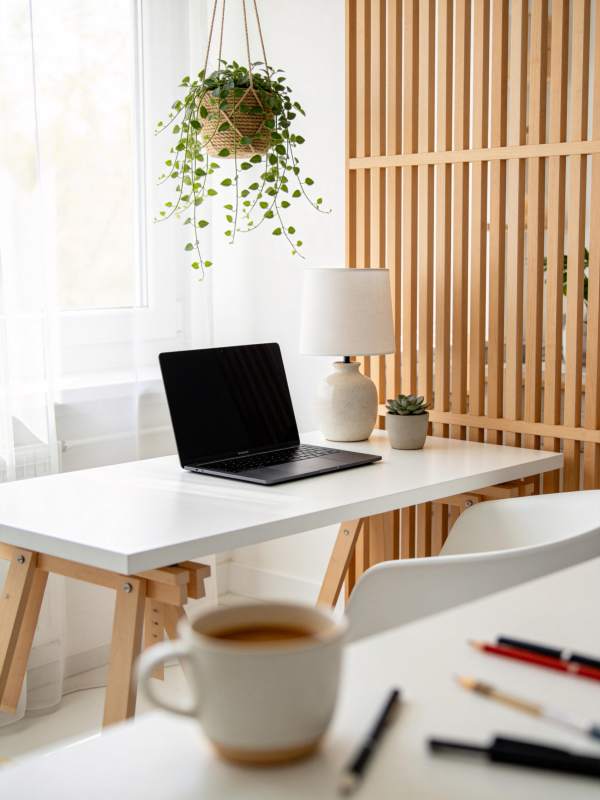 白色书桌上的笔记本电脑与绿植装饰场景图片