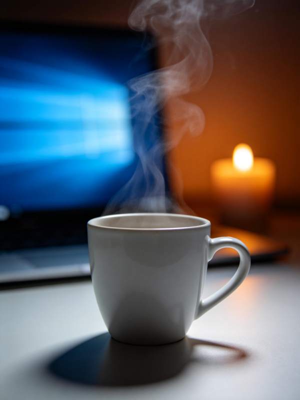 白色瓷杯热气升腾置于桌面背景电脑烛光图片