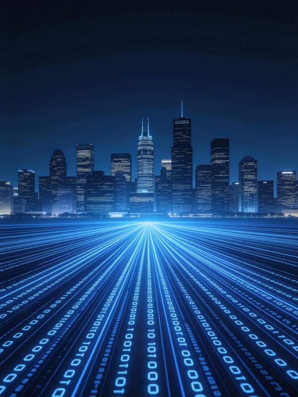 蓝色光束数据流穿梭于城市夜景之中图片