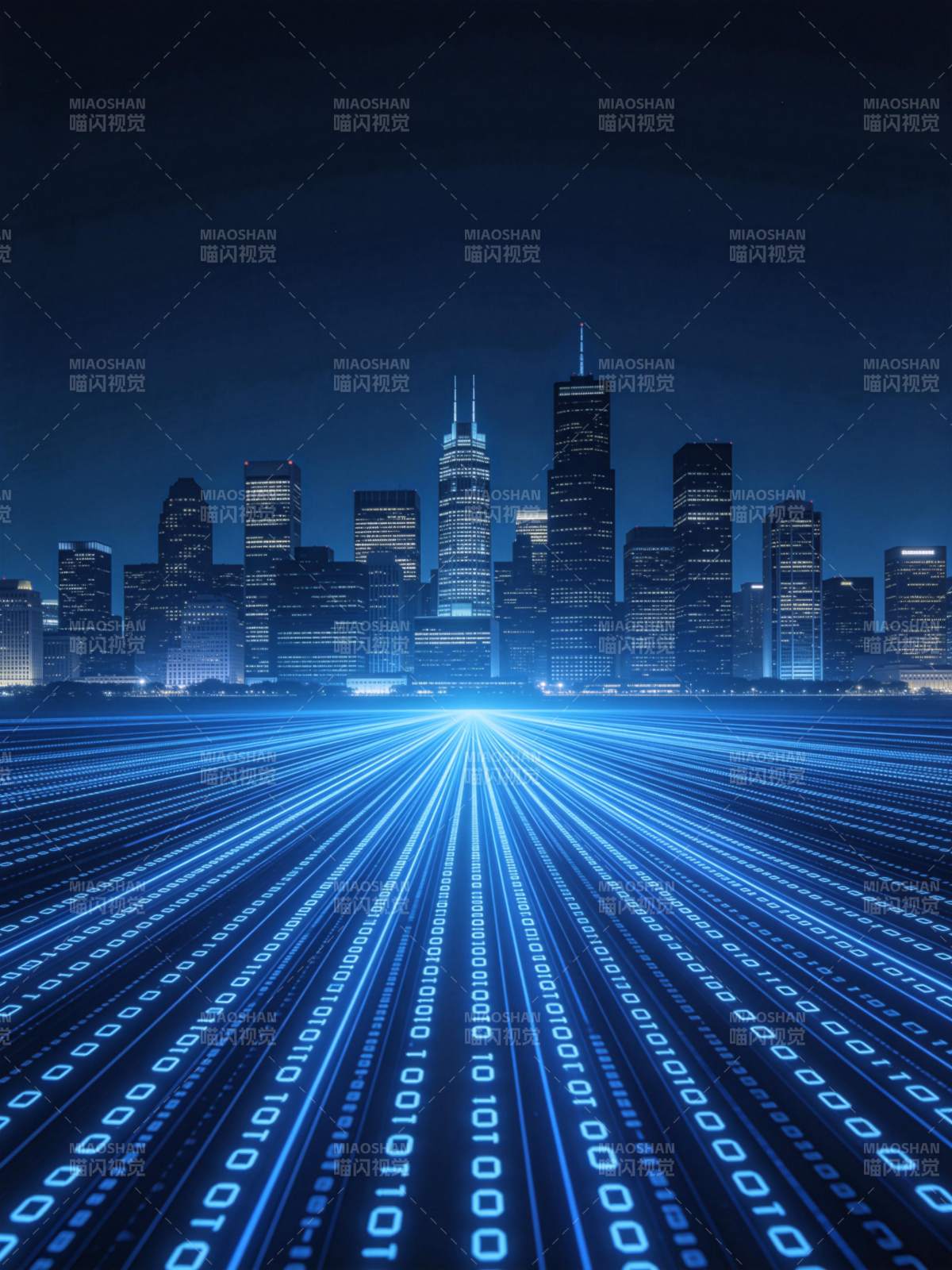 蓝色光束数据流穿梭于城市夜景之中图片