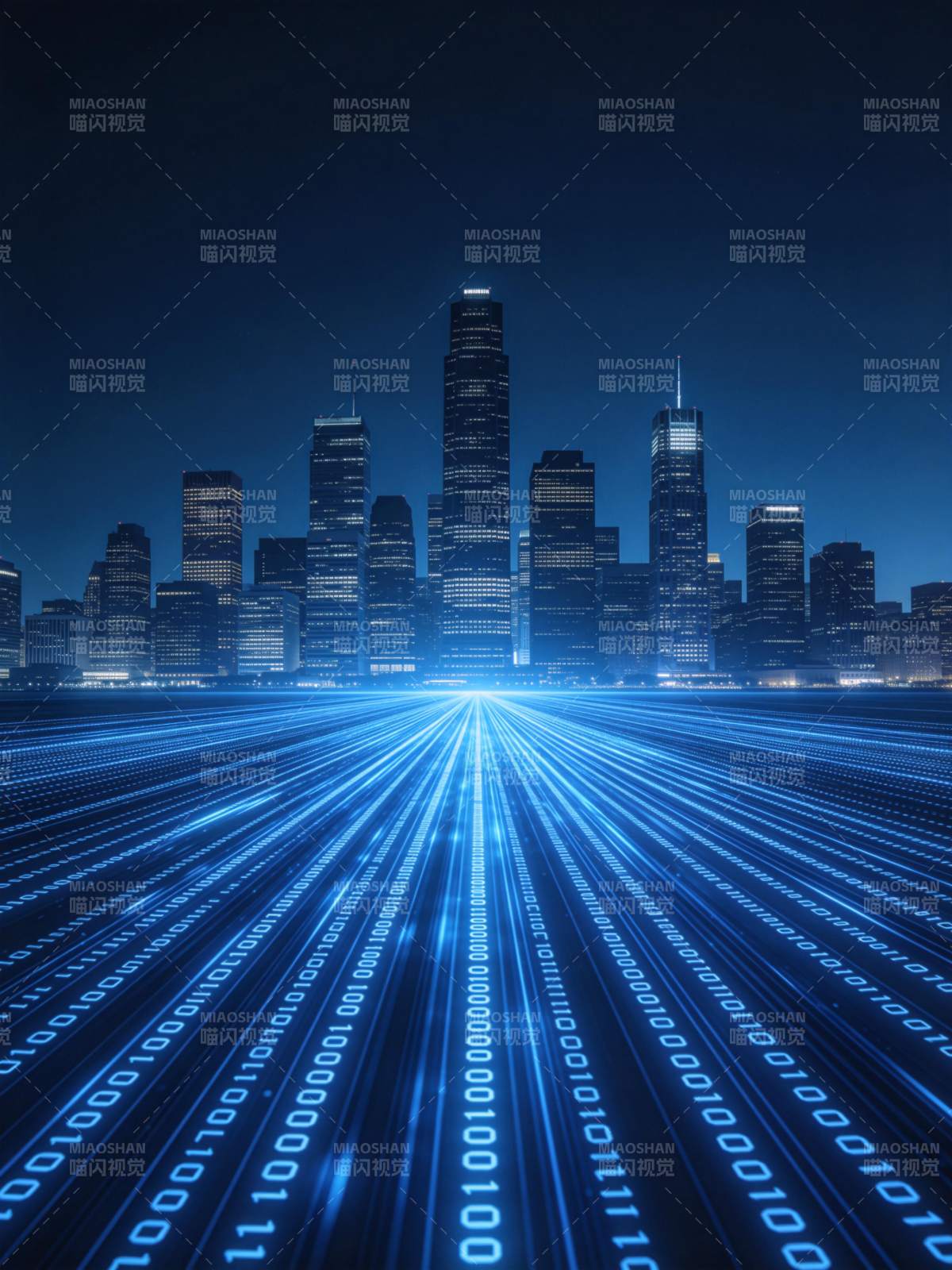 蓝色光轨延伸至城市天际线的数字未来景象图片