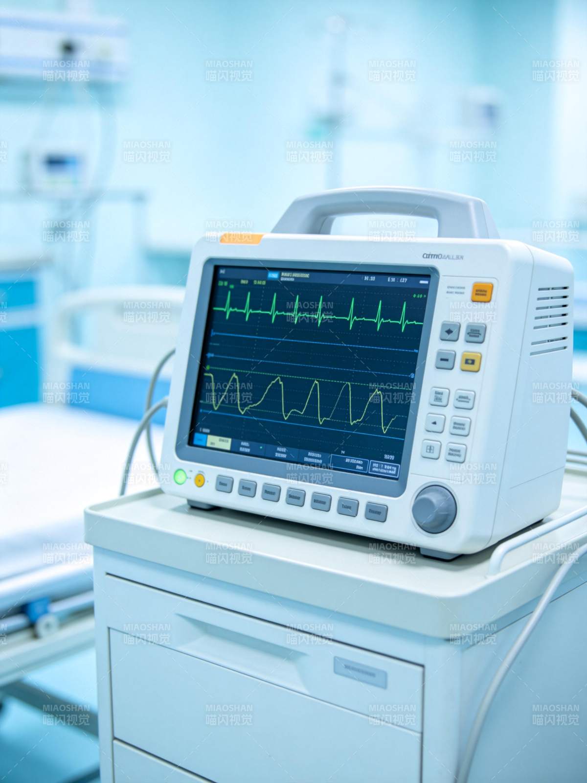 医院病房中显示心电与呼吸波形的监护仪设备图片