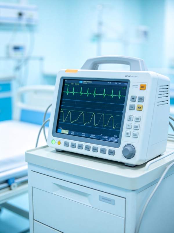 医院病房中显示心电与呼吸波形的监护仪设备图片