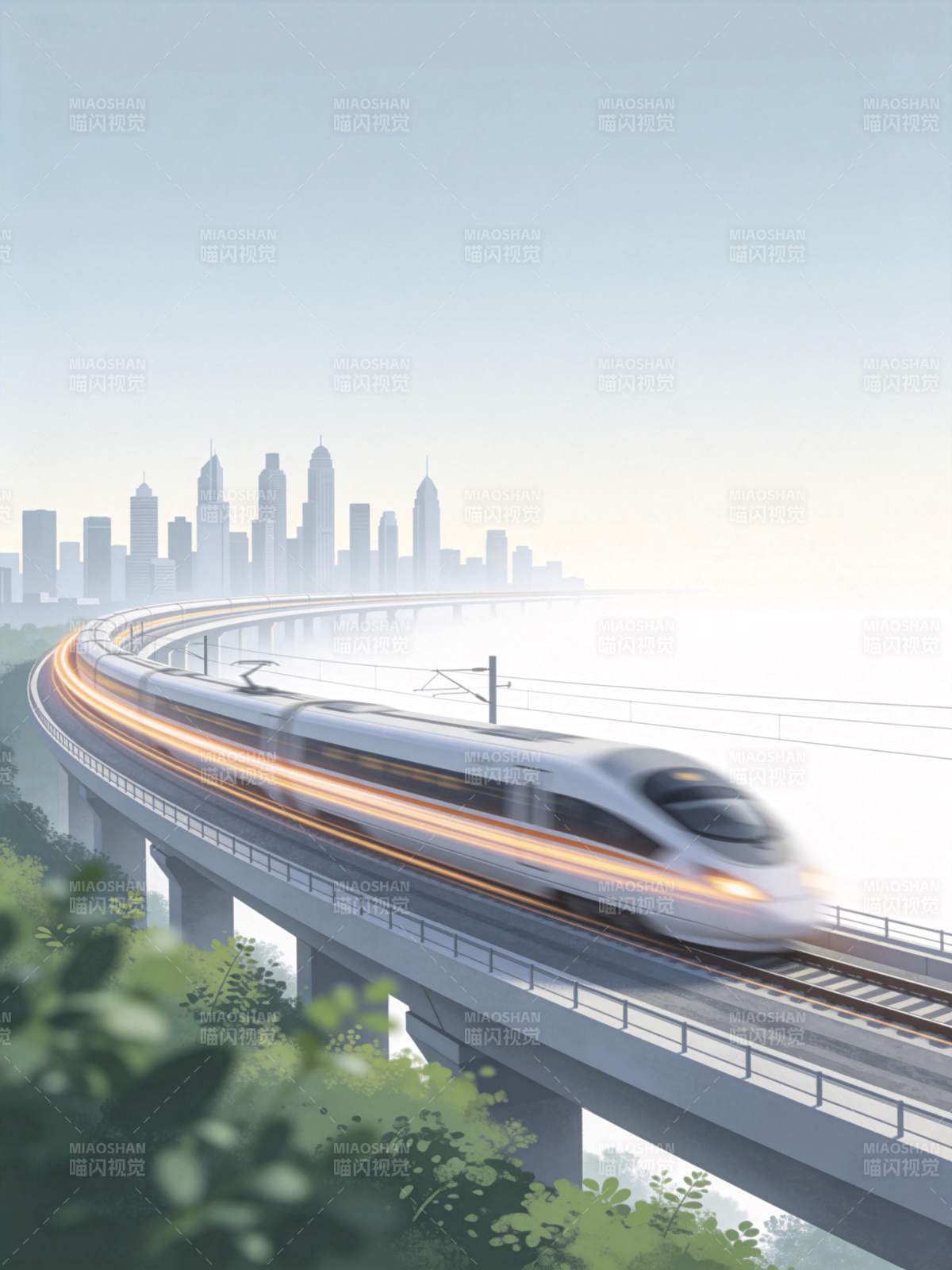 高速列车驶过高架桥城市天际线背景图片