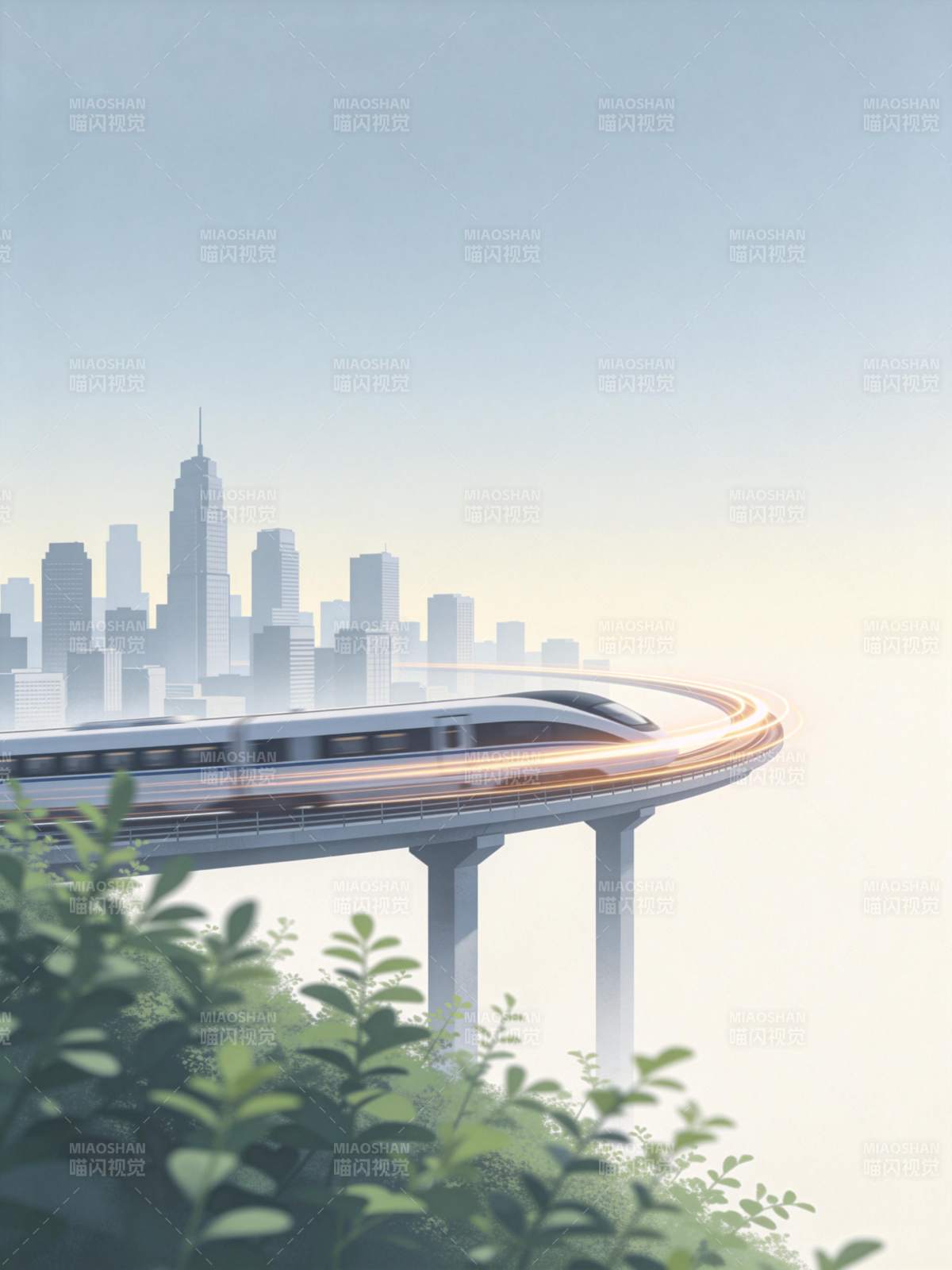 高速列车行驶在城市高架轨道上图片