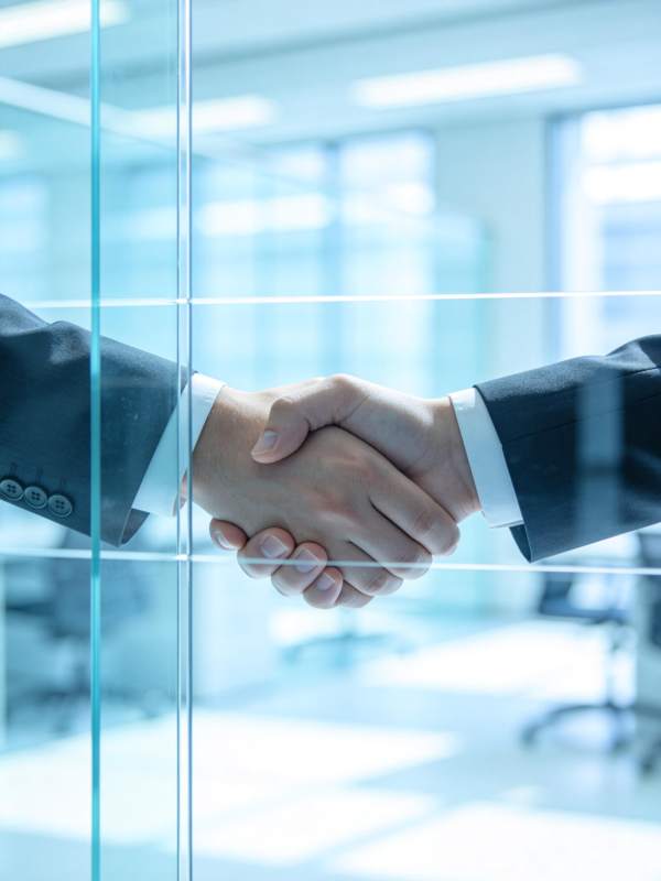 玻璃隔断后两人握手达成合作意向图片