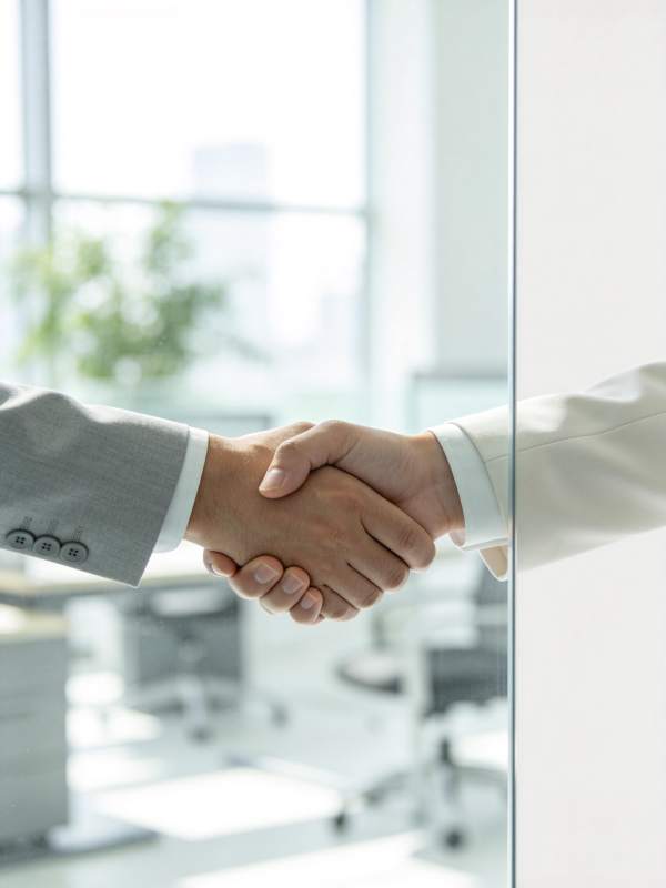 两位商务人士隔玻璃握手达成合作意向图片