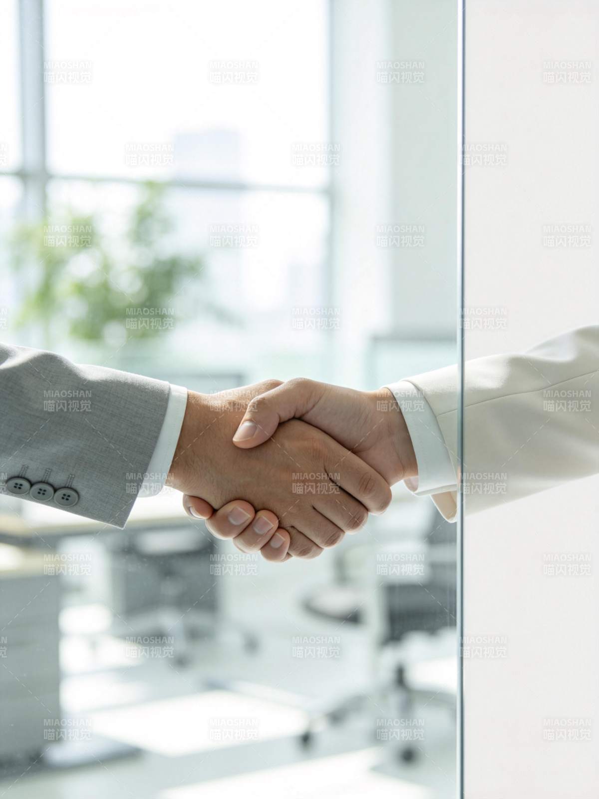 两位商务人士隔玻璃握手达成合作意向图片