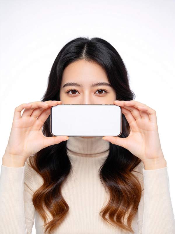 女性双手持白色手机遮挡面部特写图片