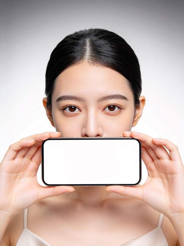 女性双手持空白手机遮挡面部下半部分图片