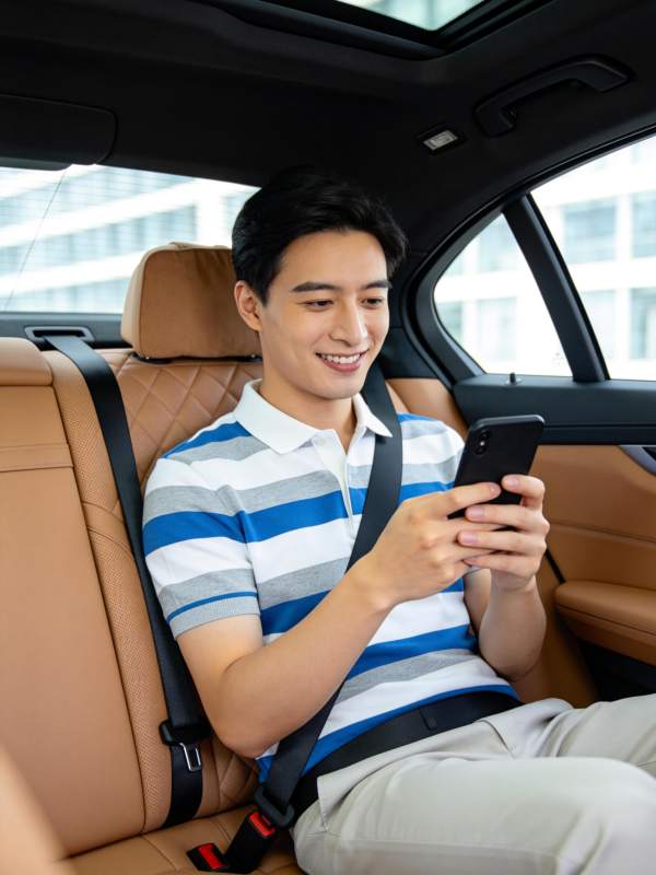 男子坐在车内使用智能手机微笑图片